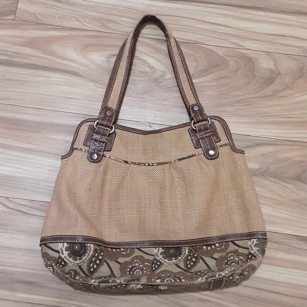 Fossil Vintage Fabric Woven Bag with Brown Leather Trim.